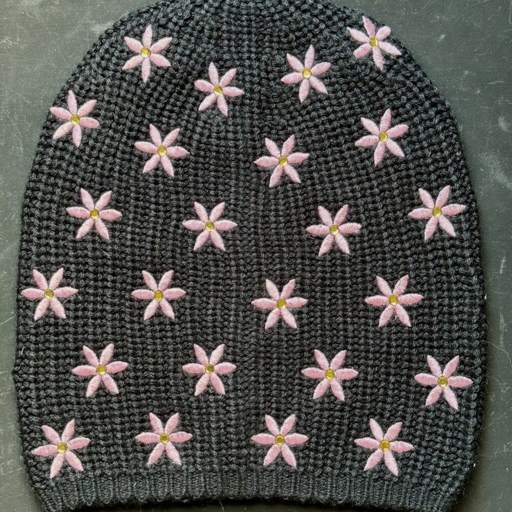 Carolyn Rowan Flowers Embroidered  with Crystals Ribbed  Wool Beanie